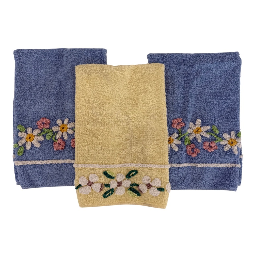 Vintage Martex Hand Towels Set 3 Blue Yellow Embroidered Floral Daisy Cotton